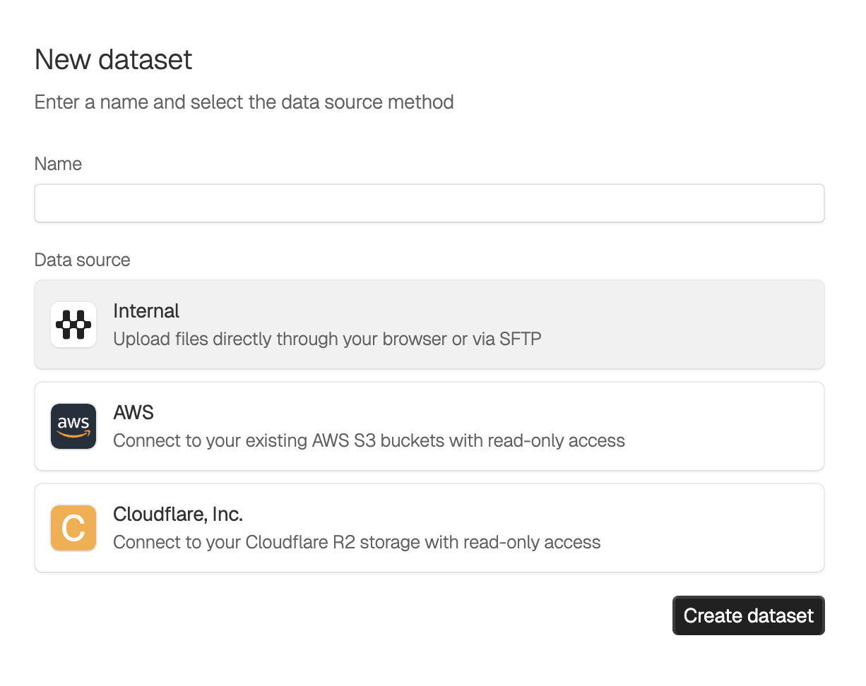 dataset creation form page